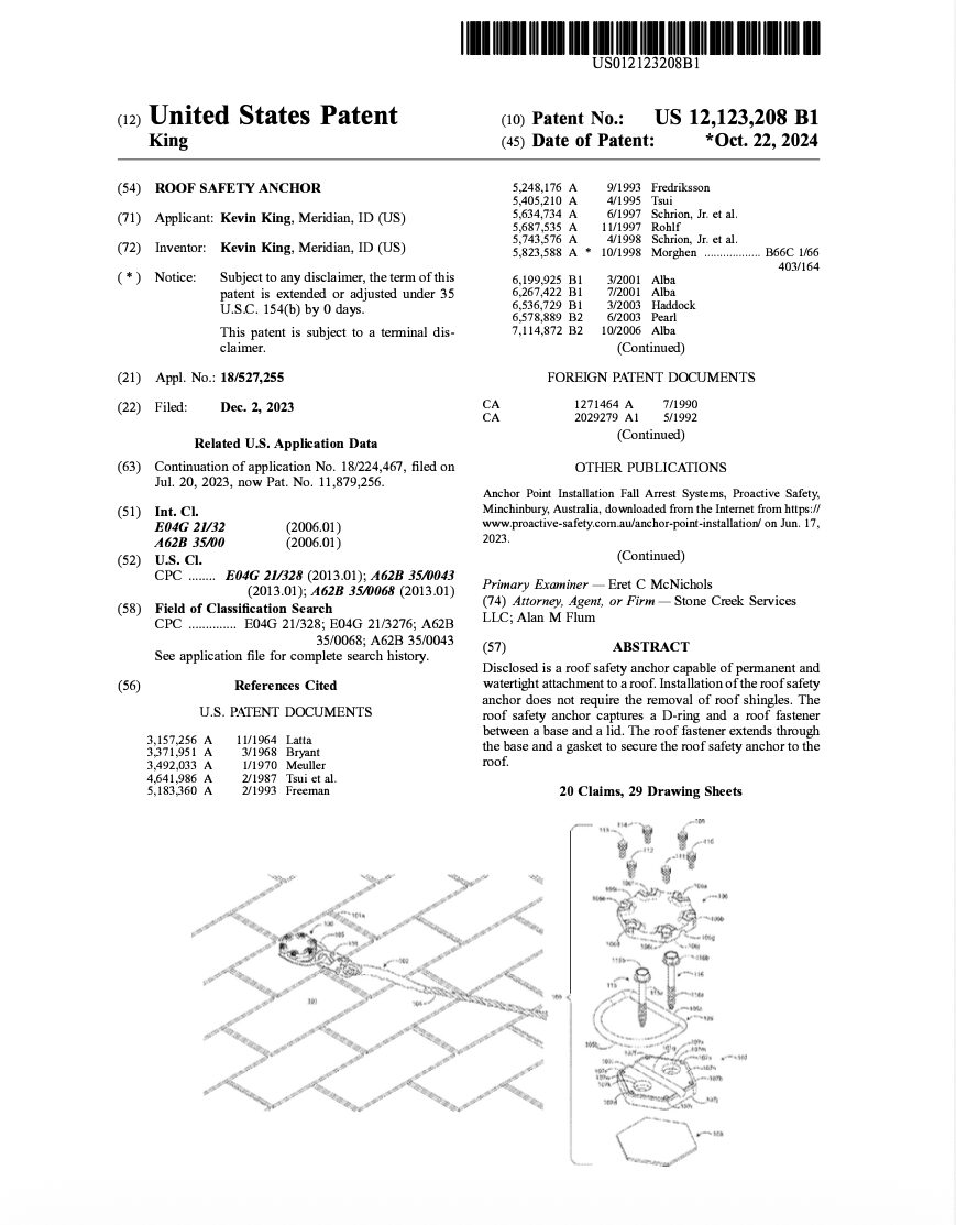 Front page of roof safety anchor patent US Patent No. 12,123,028